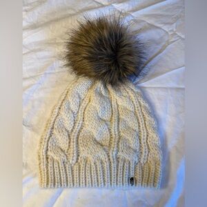 The North Face Cream Knit Beanie with Brown Pom